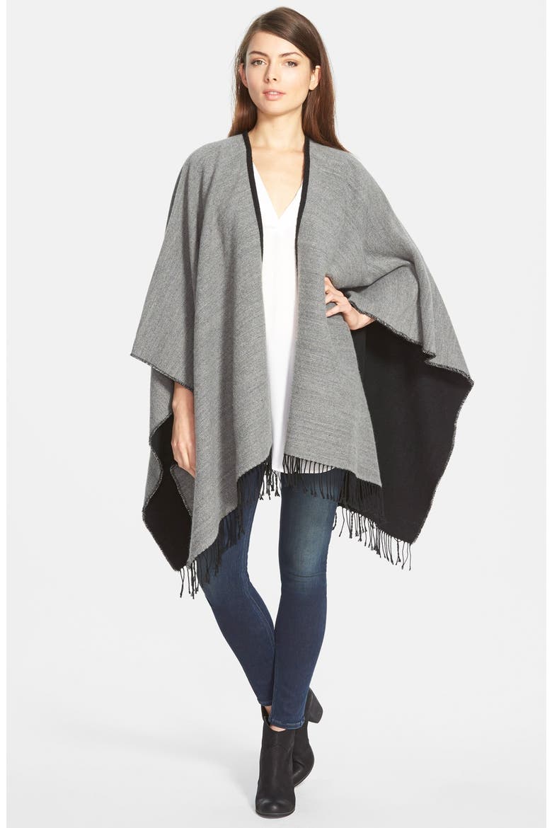 Reversible Cape with Fringe, Alternate, color, BLACK/ GREY