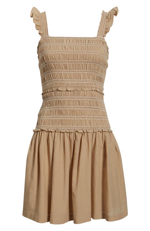 Ruffle Smocked Drop Waist Cotton Blend Minidress