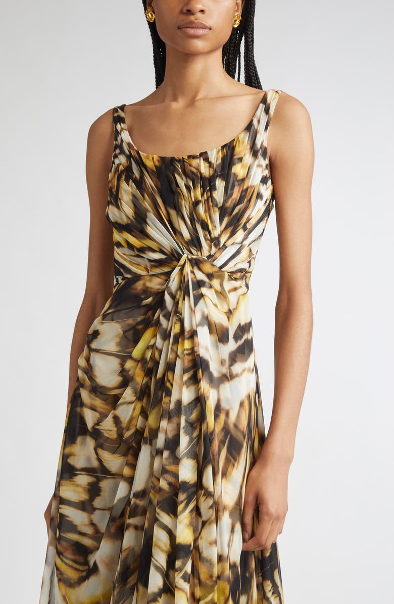 Oscar de la Renta Butterfly Print Draped Silk Chiffon Gown, Alternate, color, Black Multi