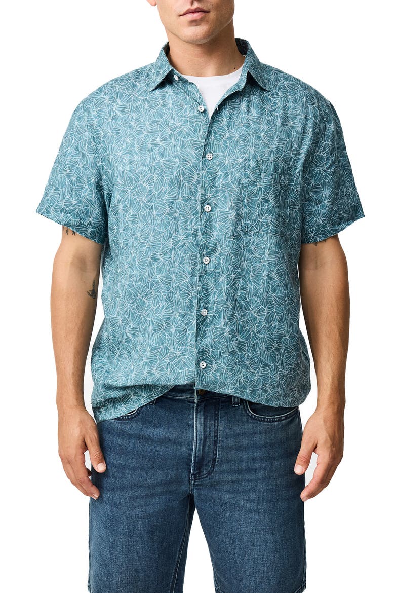 Whitlaker Leaf Print Short Sleeve Linen Button-Up Shirt, Main, color, BLUESTONE