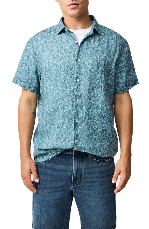 Whitlaker Leaf Print Short Sleeve Linen Button-Up Shirt