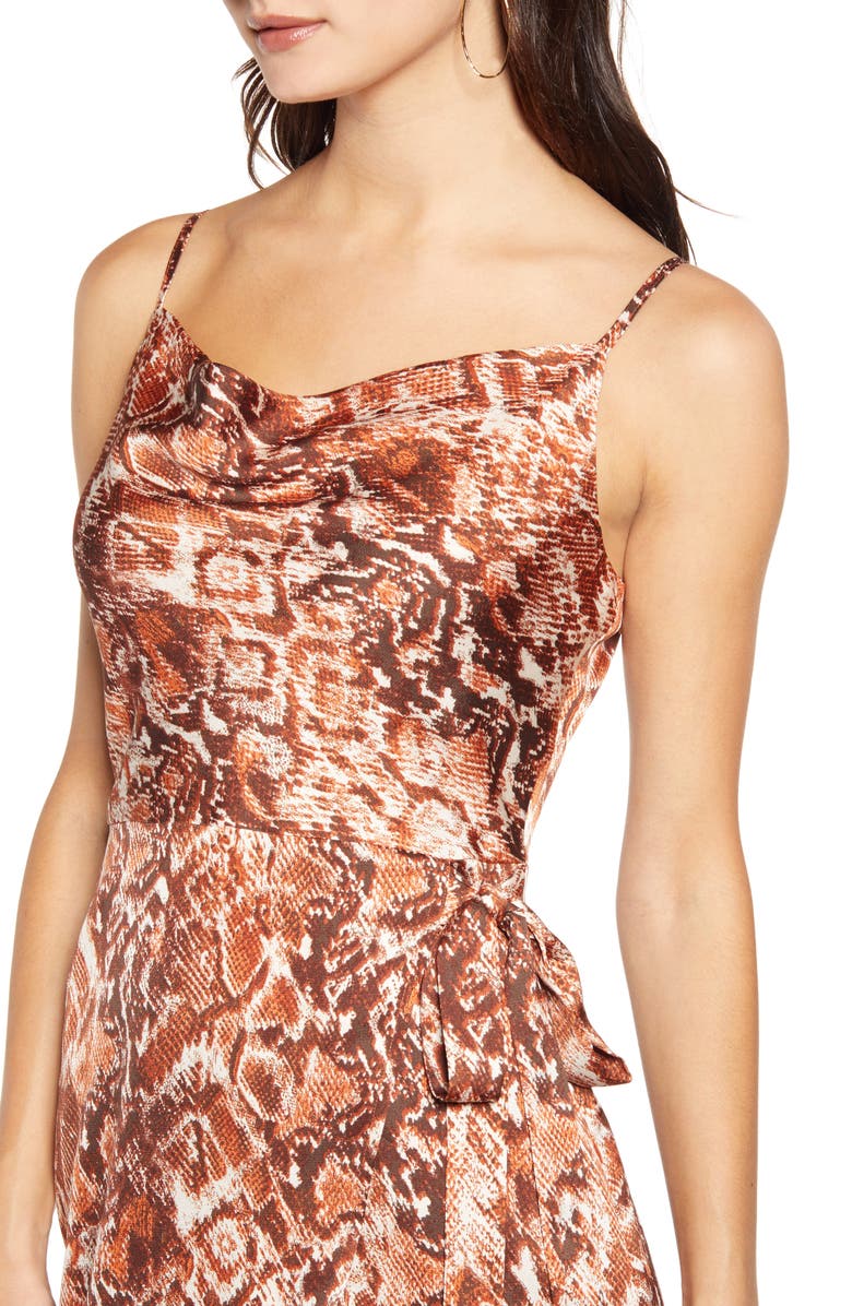 J.O.A. Cowl Neck Snakeskin Print Silk Dress, Alternate, color,