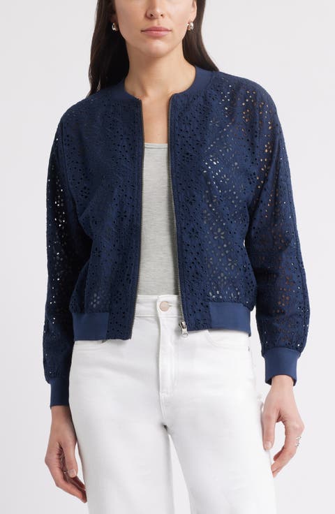 Embroidered Eyelet Cotton Zip-Up Bomber Jacket