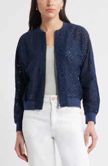Caslon® Embroidered Eyelet Cotton Zip-Up Bomber Jacket