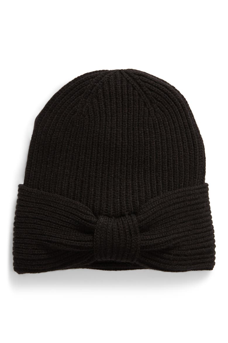 solid bow reversible beanie, Main, color, BLACK