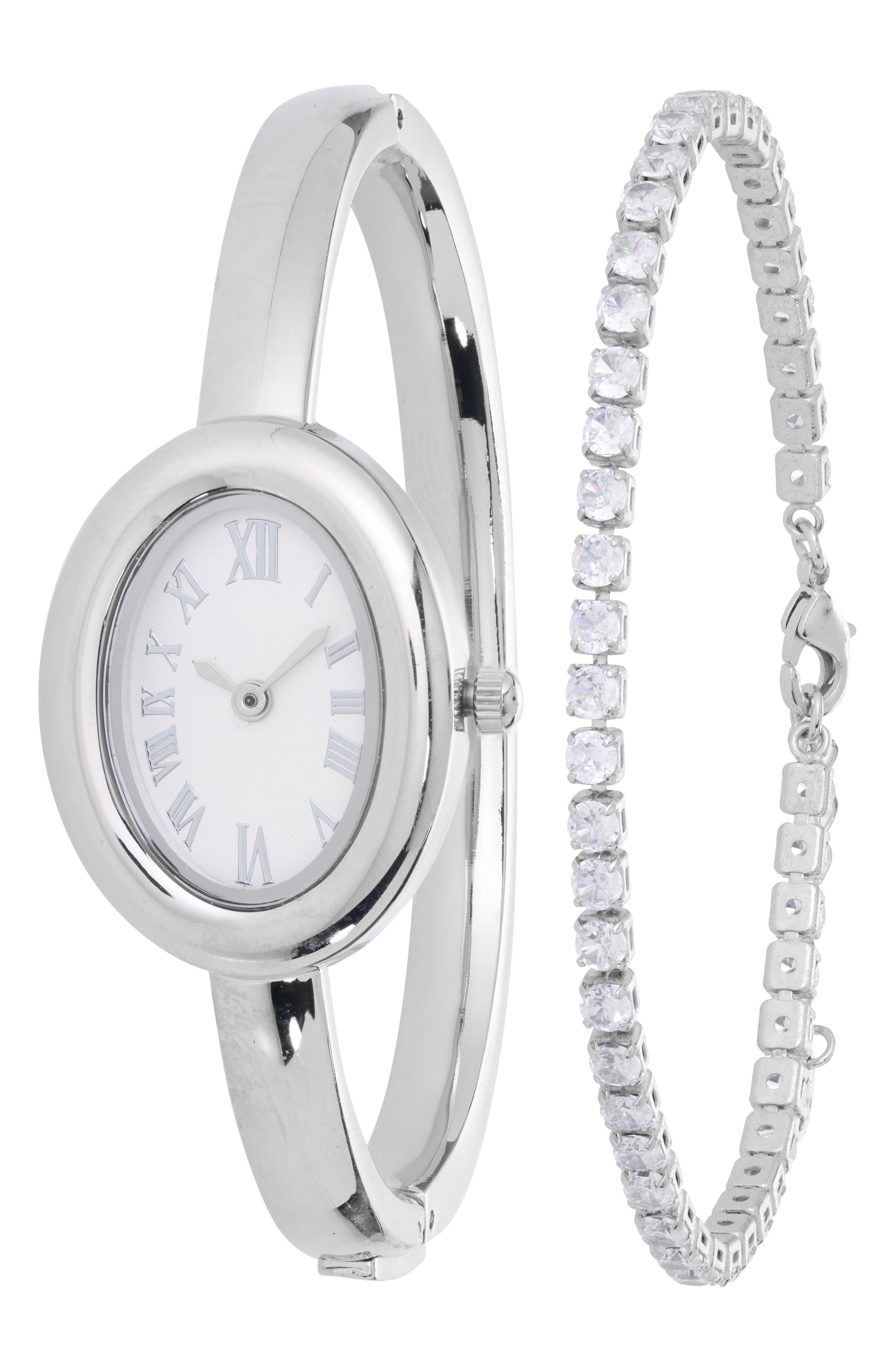 Oval Bangle Watch & Tennis Bracelet Set