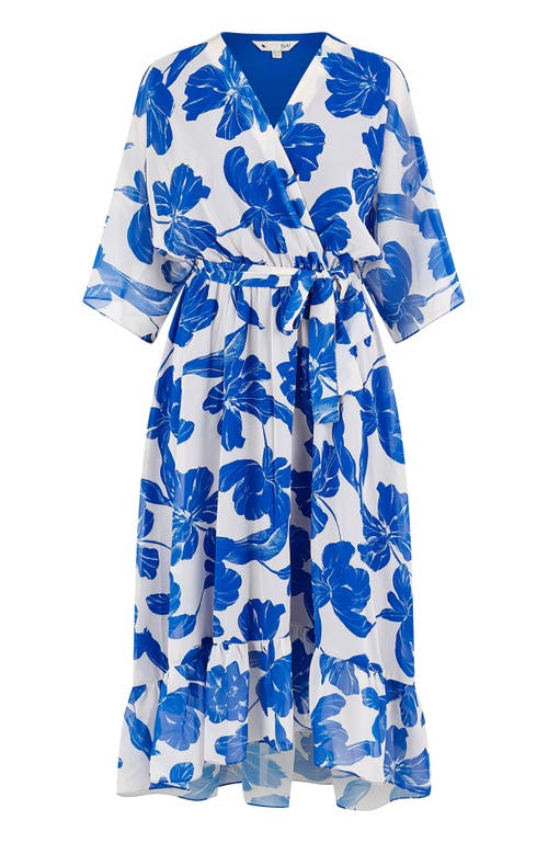 Yumi Kimono Sleeves Midi Dip Hem Wrap Dress In Blue
