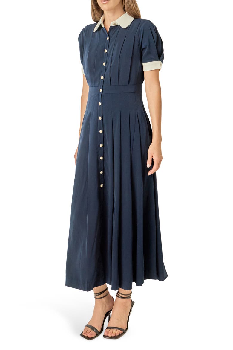 Short Sleeve Pleated Midi Shirtdress, Alternate, color, NAVY/ WHITE