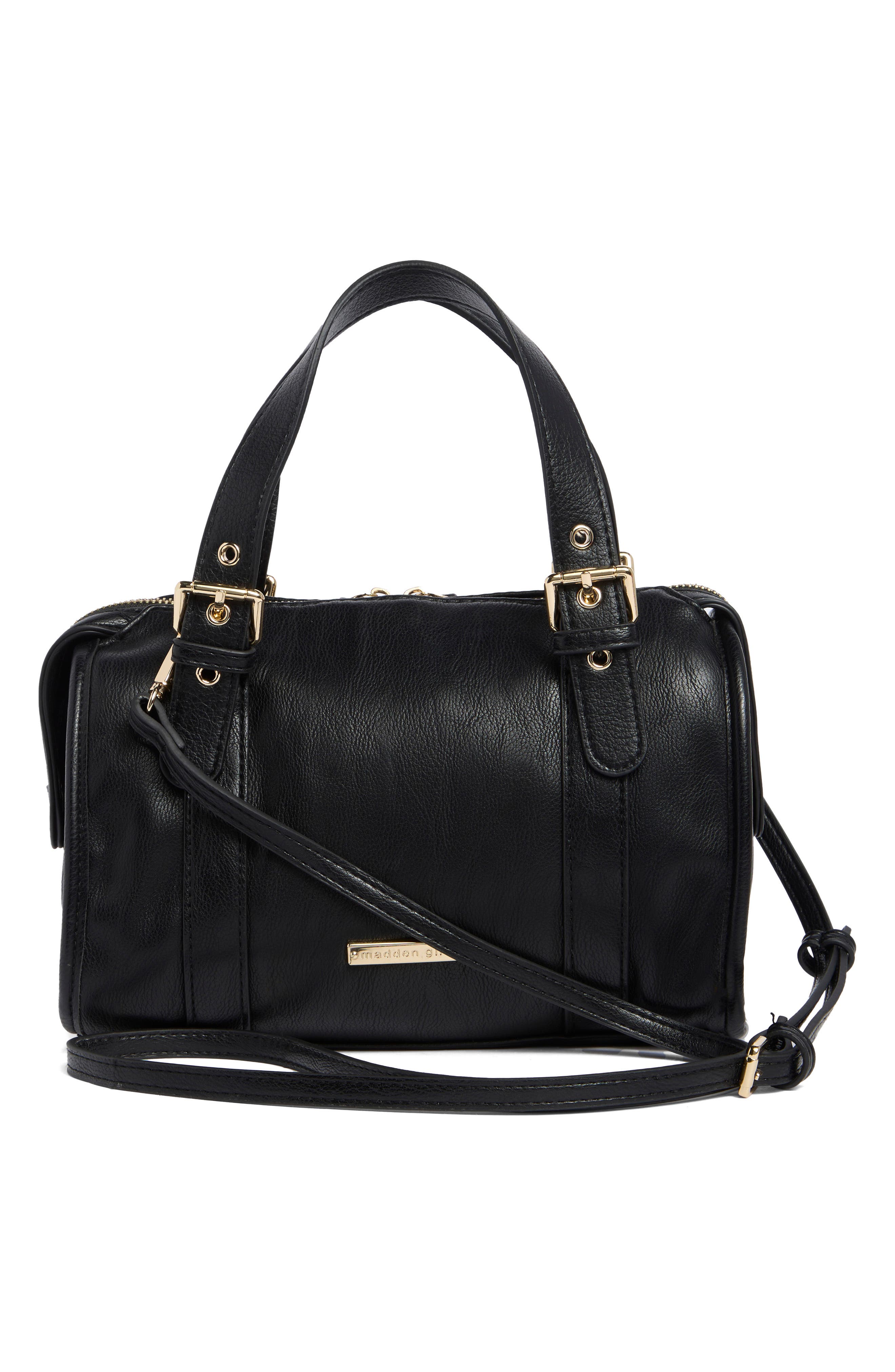 Faux Leather Satchel, Alternate, color, BLACK