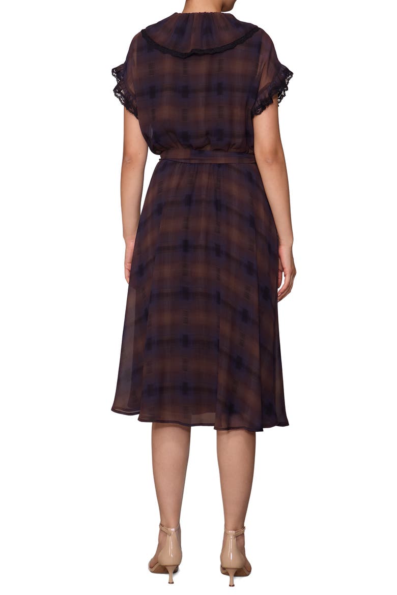 Lace Trim Plaid Midi Dress, Alternate, color, BROWN/ NAVY PLAID