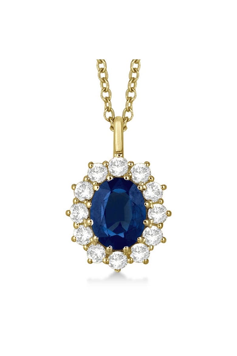 Oval Gemstone and Diamond Pendant Necklace 14k, Main, color, Blue Sapphire,Yellow Gold