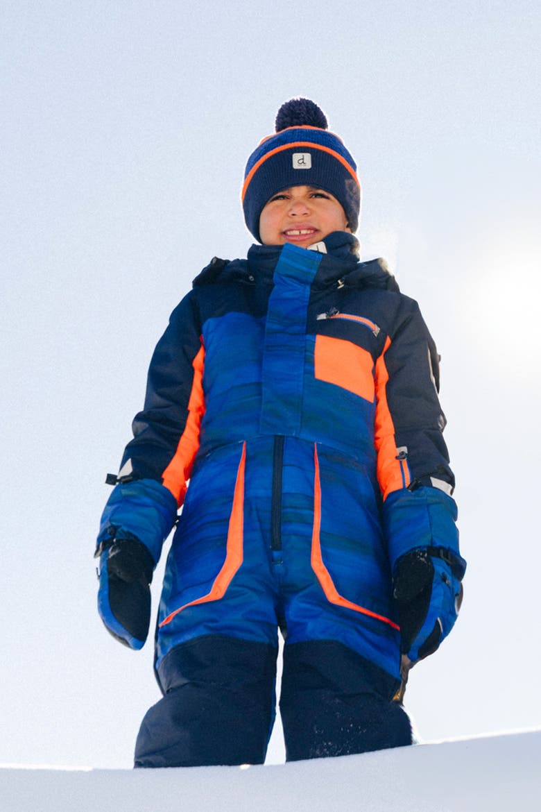 Play Striped Detachable Hood Fleece Neckwarmer One Piece Snowsuit, Alternate, color, Blue with Black Stripes