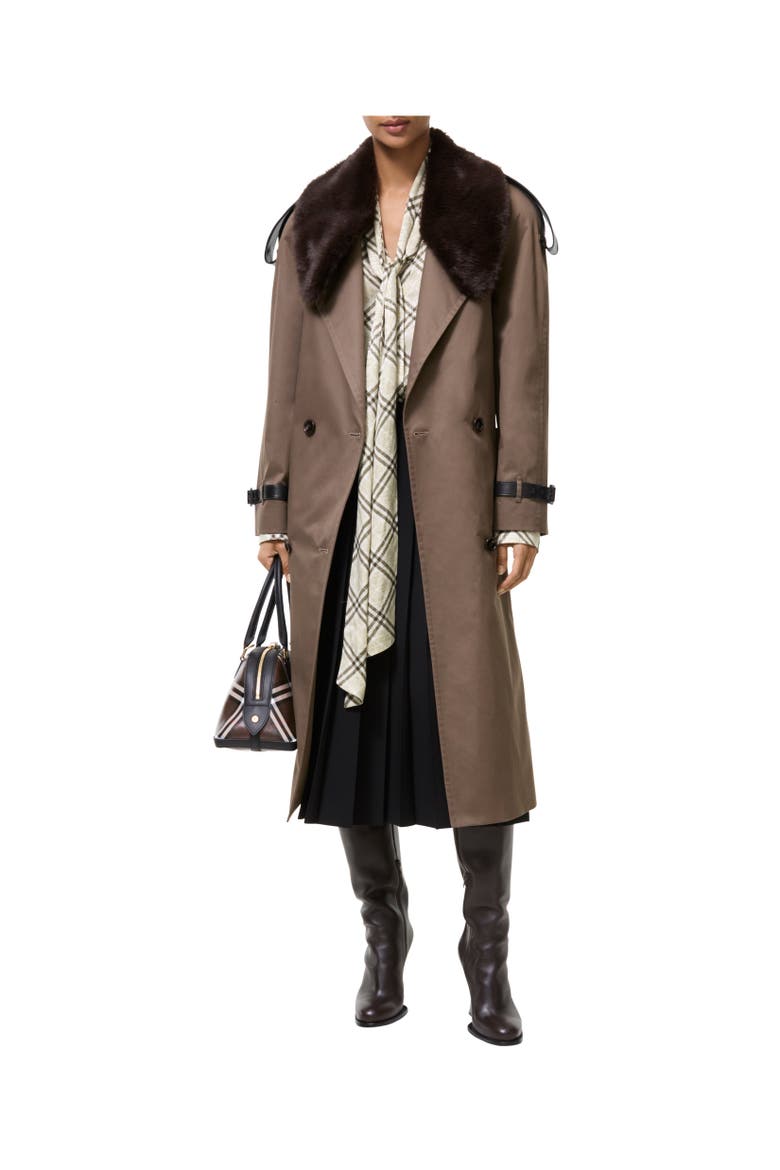 Long Faux Fur Collar Roseville Trench Coat, Alternate, color, Sepia brown