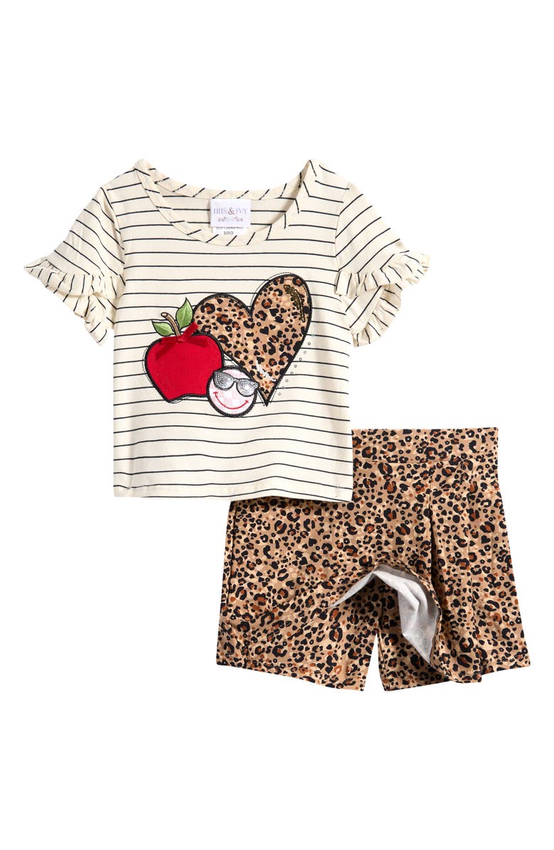Iris & Ivy Kids' Stripe Appliqué Shirt & Leopard Print Skort Set, Alternate, color, Brown