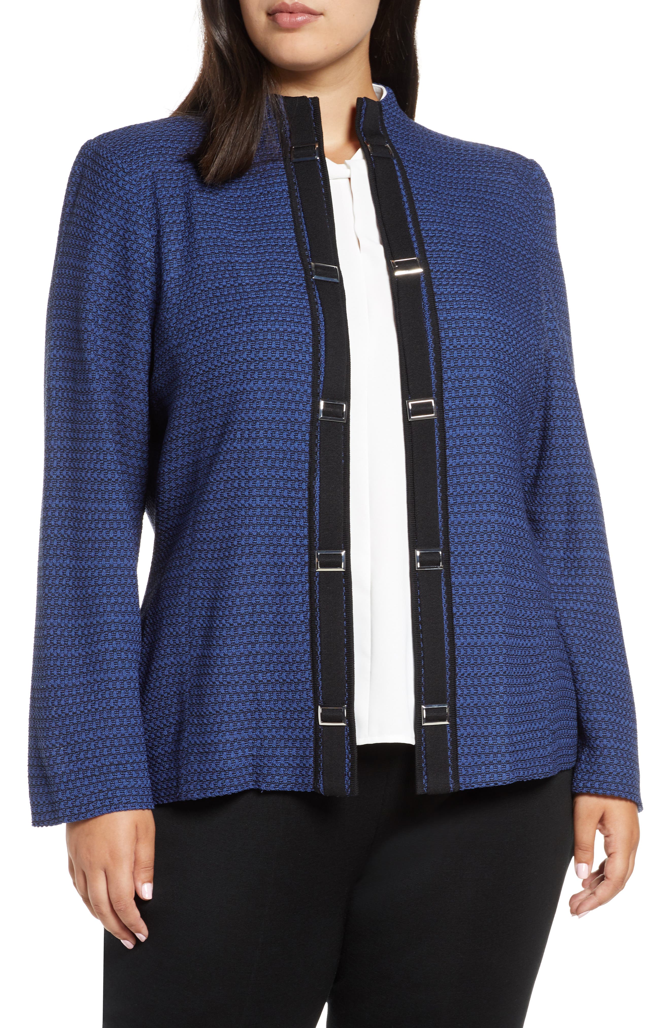 Ming Wang Buckle Trim Jacquard Knit Jacket
