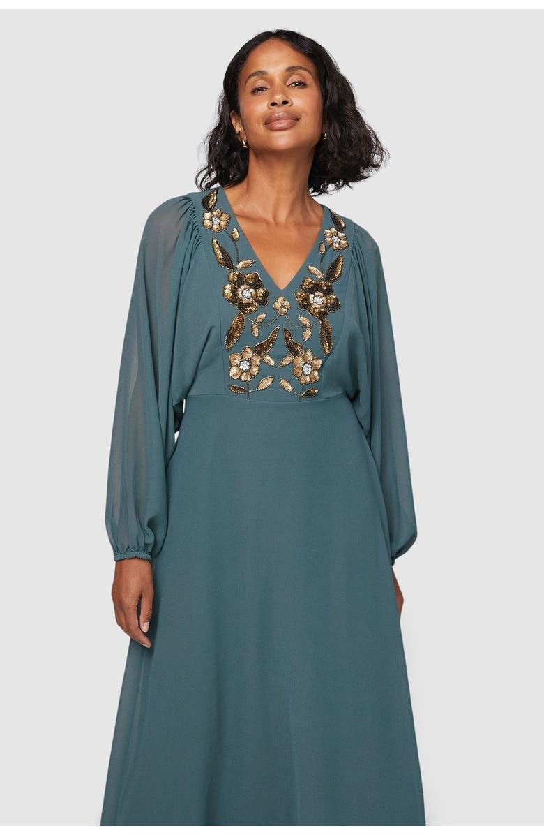 Wallis Embellished Balloon Sleeve Midi Dress, Alternate, color, Green