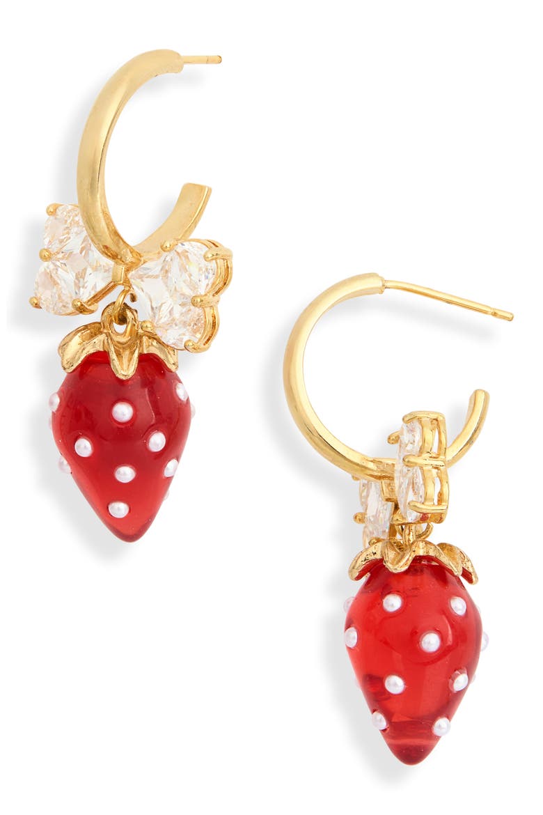 Bianca Strawberry Bow Drop Huggie Hoop Earrings, Main, color, RED