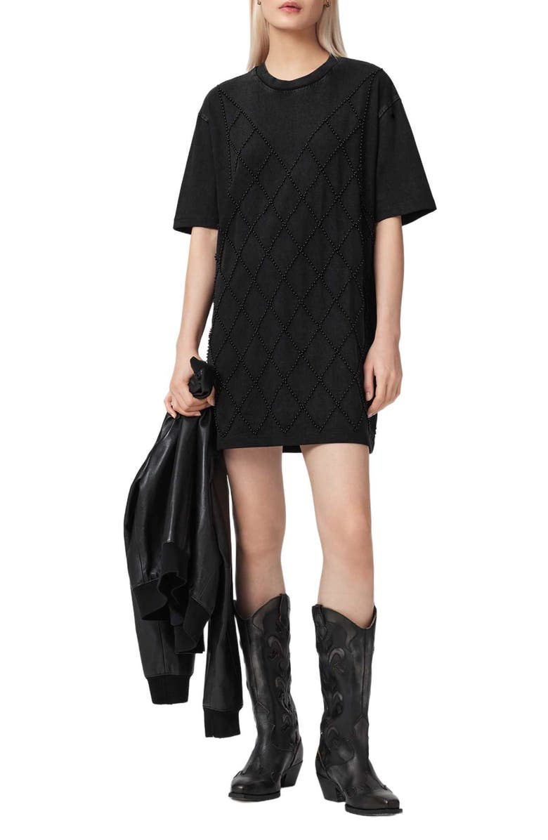 AllSaints Darcy Beaded T-Shirt Dress, Alternate, color, Washed Black