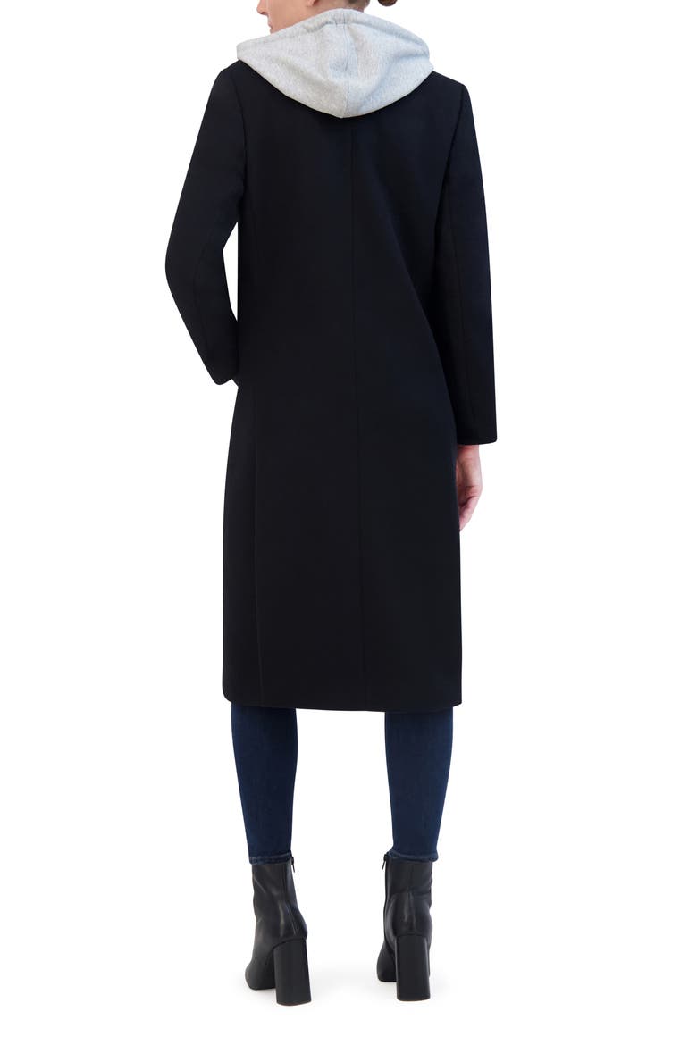 Double Breasted Longline Coat with Jersey Hooded Bib, Alternate, color, BLACK/ GREY