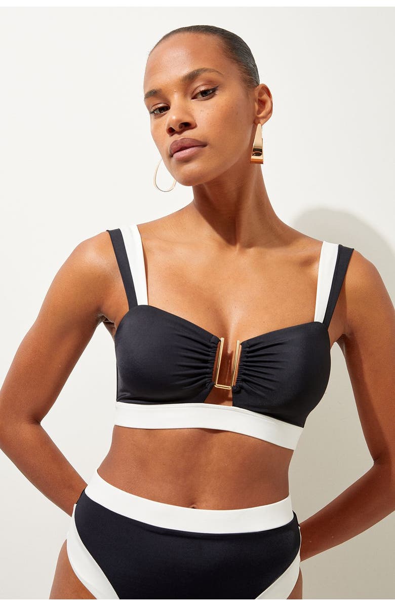 Karen Millen Trim Detail Detachable Strap Bikini Top, Main, color, Black
