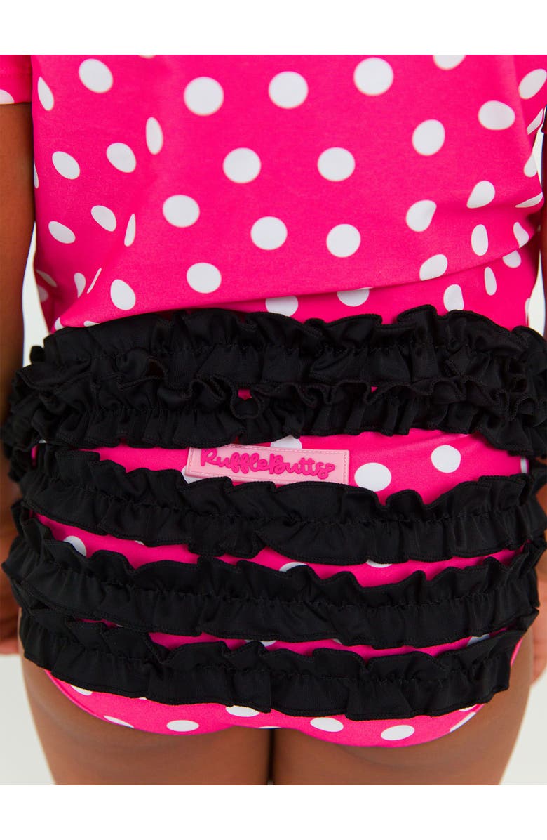 RuffleButts Classic Bow Short Sleeve UPF50 Rash Guard 2-Piece Swimsuit with Signature Rear Ruffles, Alternate, color, Hot Pink Polka Dot