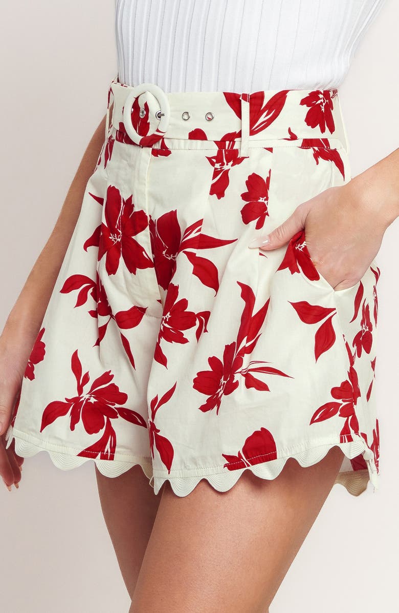 FLYING TOMATO Floral Belted Cotton Shorts, Alternate, color, Off White/ Red