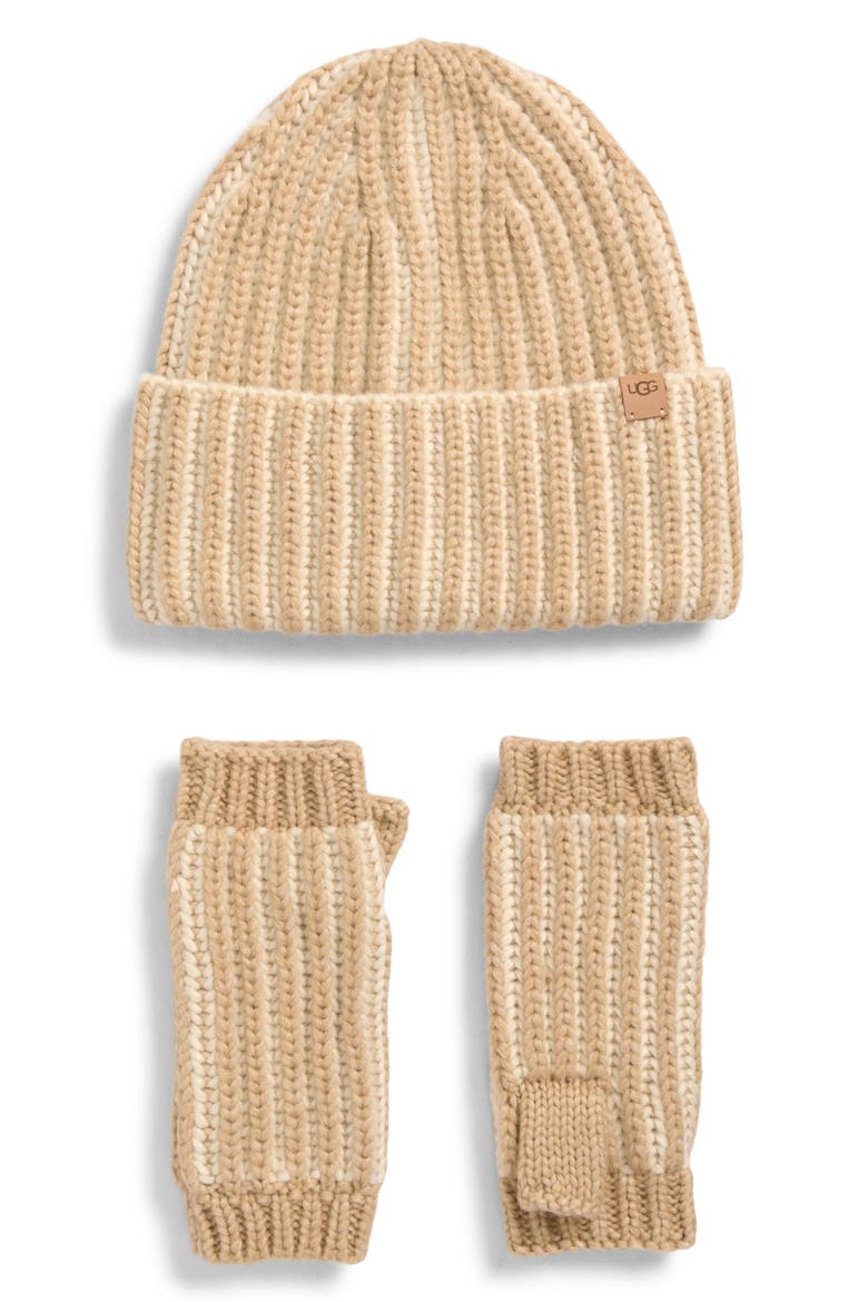 Chunky Plaited Beanie & Fingerless Mittens Set, Main, color, CREAM MULTI