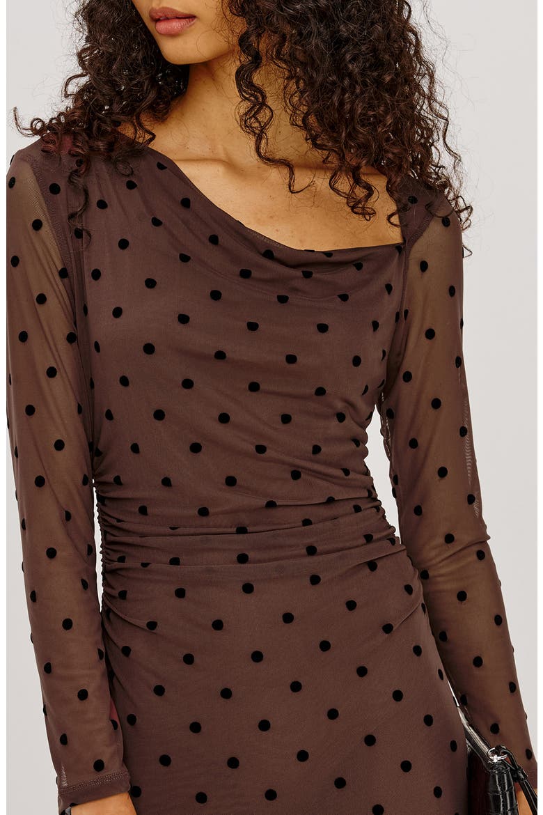 Cambria Polka Dot Mesh Midi Dress, Alternate, color, CHOCOLATE POLKA DOT