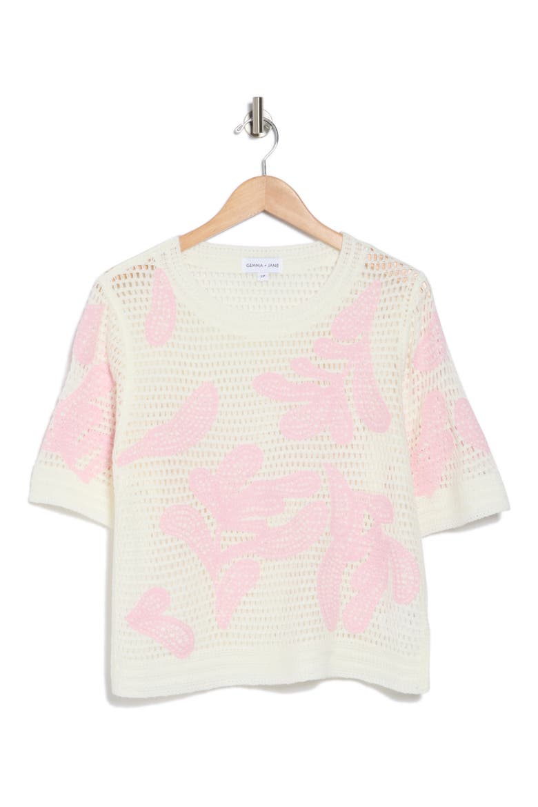 Embroidered Short Sleeve Sweater, Alternate, color, IVORY/ PINK