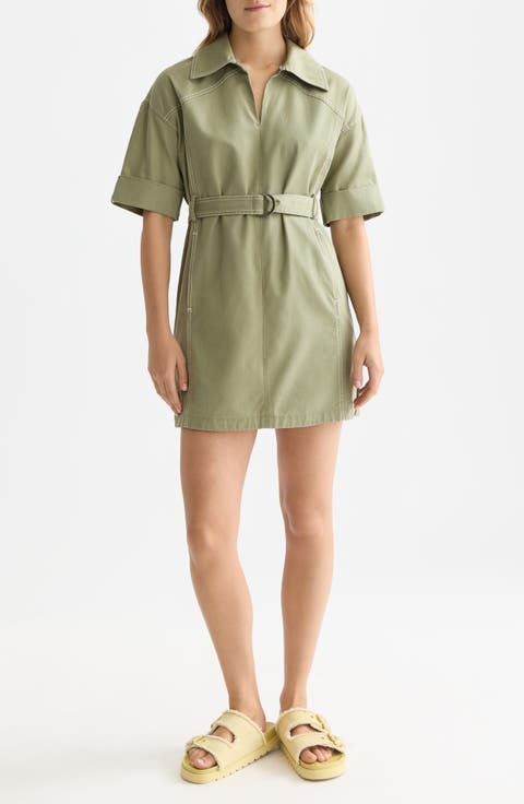 Belted Cotton Blend Utility Minidress