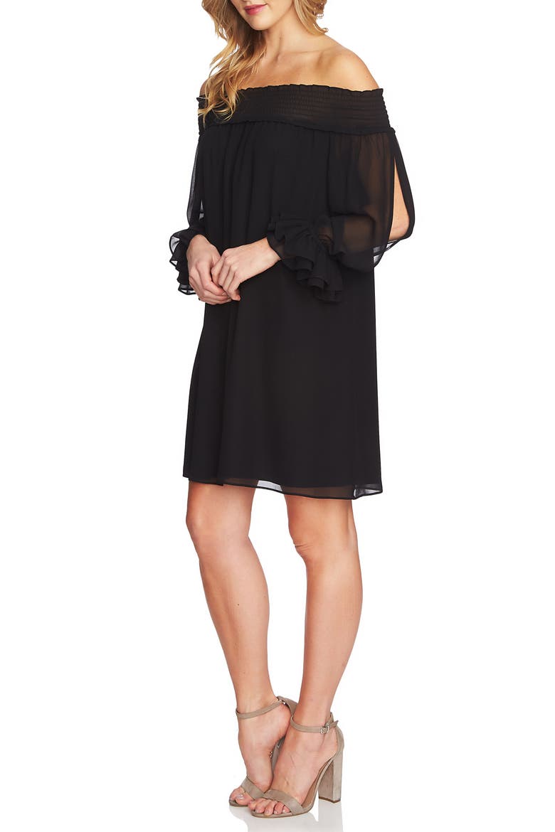Shiloh Off the Shoulder Split Sleeve Shift Dress, Main, color, RICH BLACK