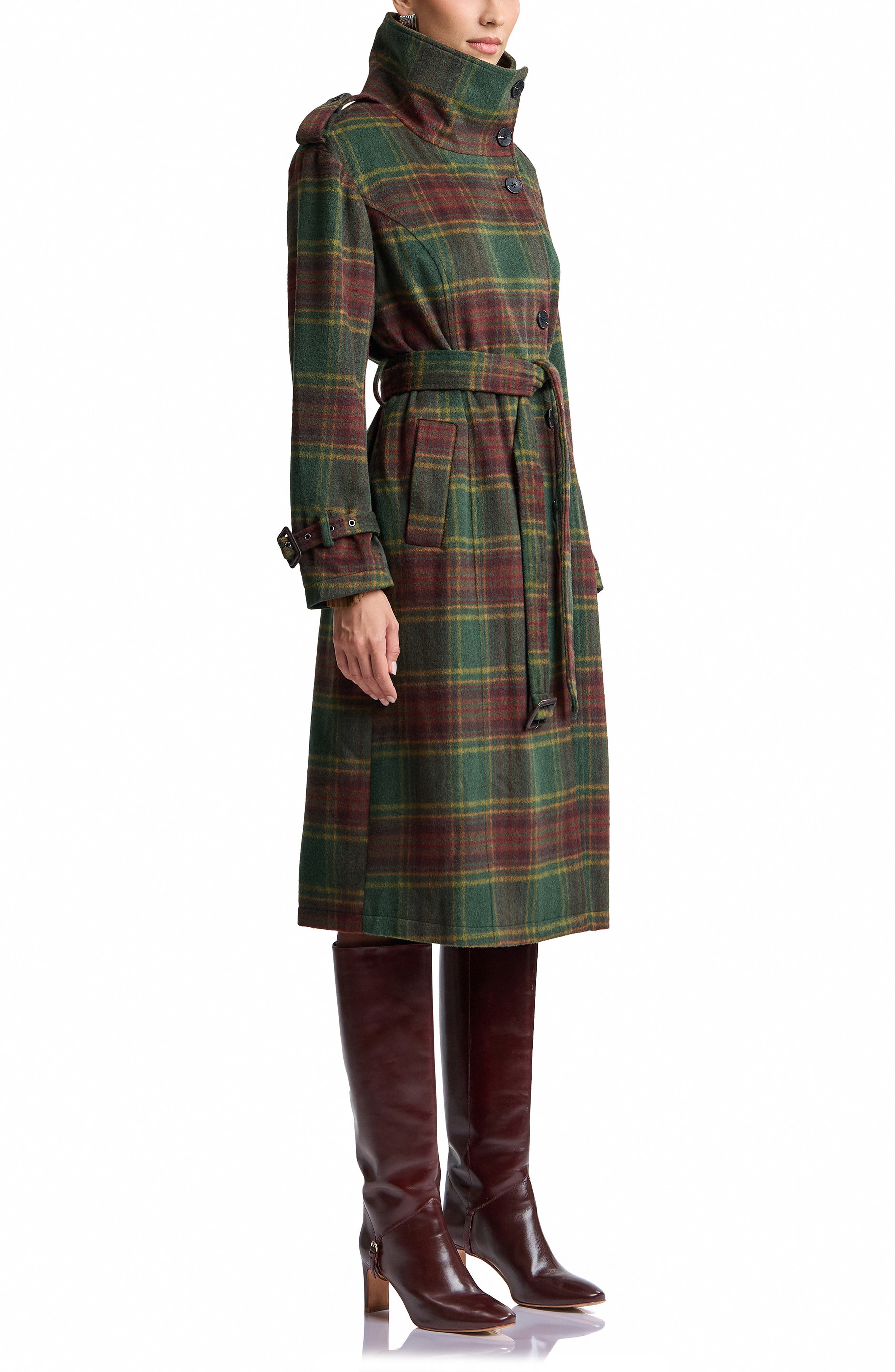 Avec Les Filles Plaid Funnel Neck Slouchy Trench Coat (Women) | Nordstrom