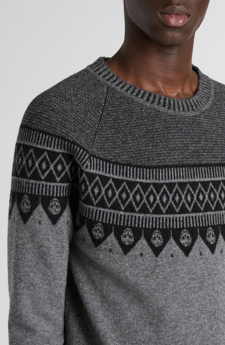 McQueen Skull Fair Isle Wool Crewneck Sweater, Alternate, color, Greymel/ Black