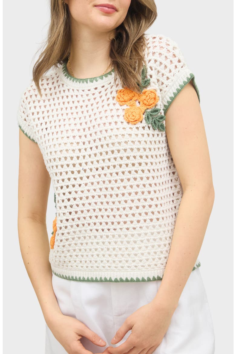 Floral Cap Sleeve Open Stitch Cotton Sweater, Main, color, IVORY