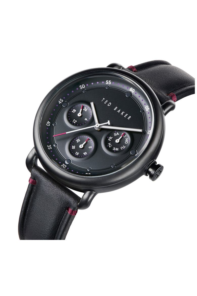 London Ivybird Multifunction Leather Strap Watch, 43mm, Alternate, color, BLACK