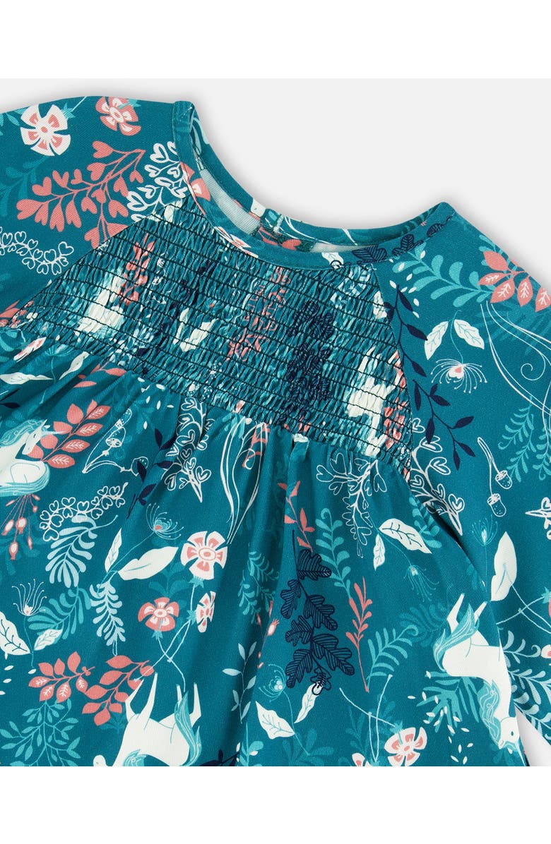 Deux par Deux Girl's Puffy Long Sleeve Viscose Dress Turquoise Printed Fairy Unicorn, Alternate, color,