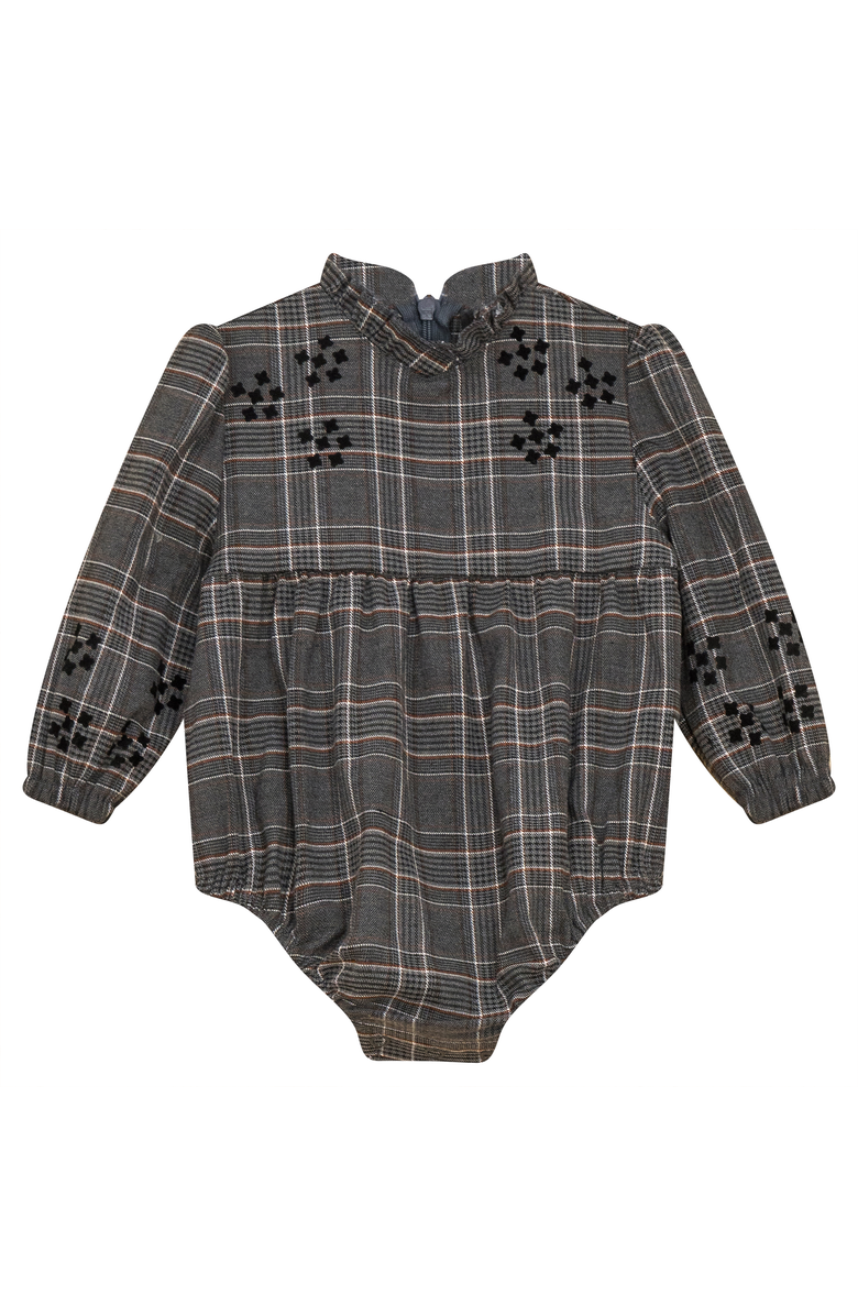 Space Grey Long Sleeve Woven Plaid Bubble Romper, Main, color, Grey