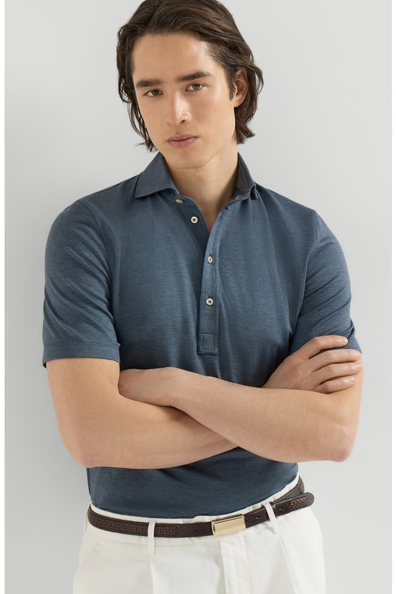 Virgin wool, silk and cotton piqué polo shirt with spread collar, Alternate, color, Cerulean