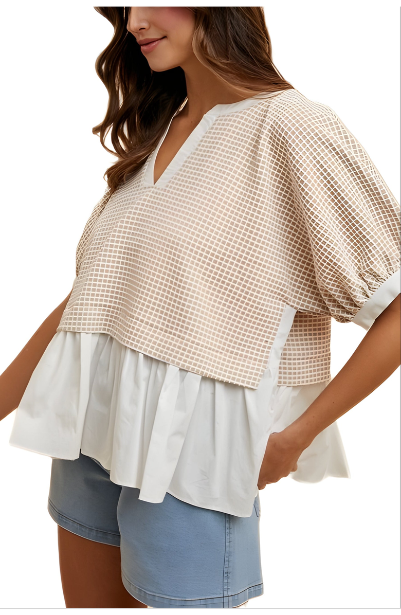 Knit and Lounge Contrast Hem Grid Blouse, Alternate, color, Beige