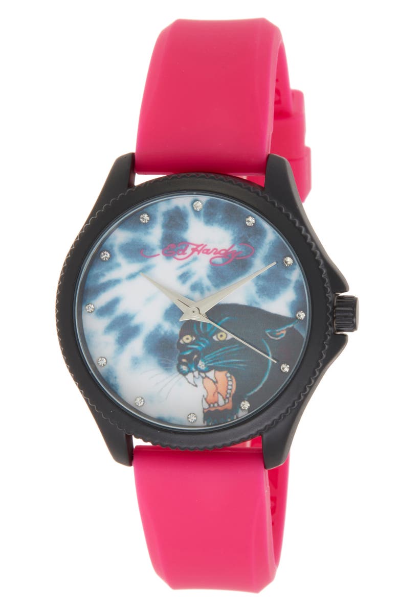 Ed Hardy Silicone Strap Watch, 38mm, Main, color, Matte Fuchsia