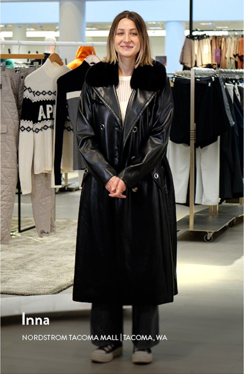 Faux Leather Trench Coat with Removable Faux Fur Collar, sales video thumbnail