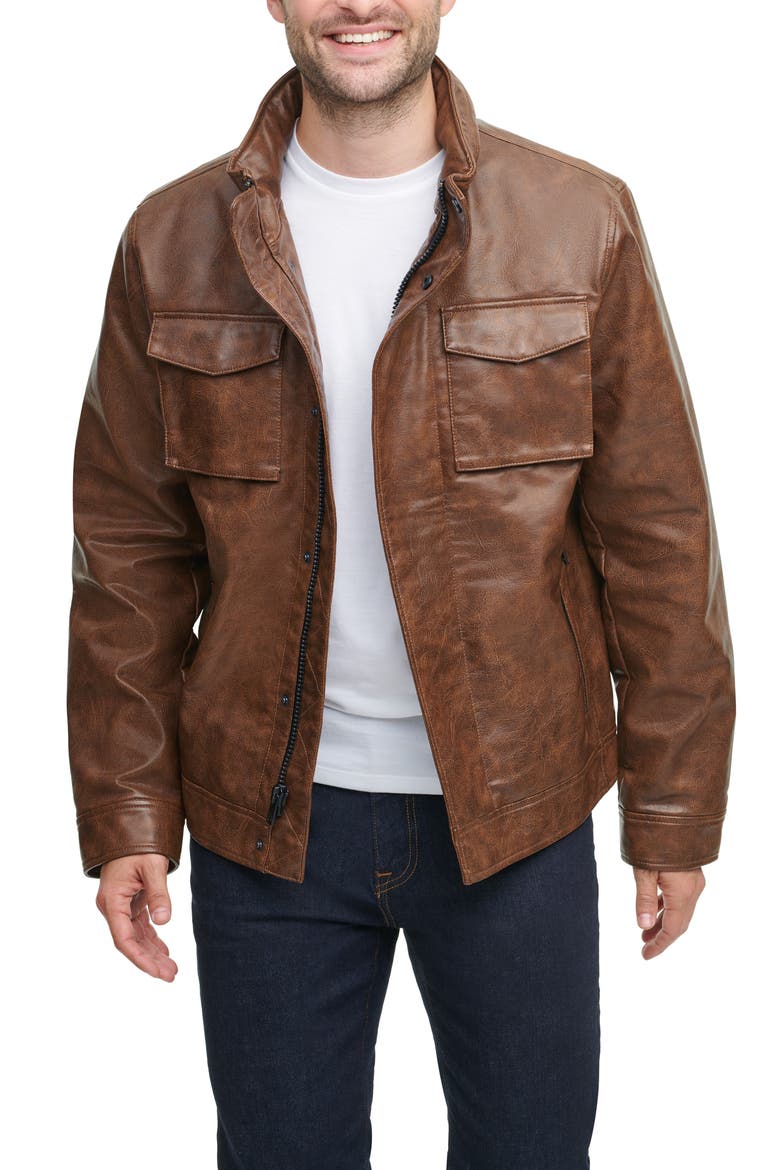 Water Resistant Faux Leather Military Jacket, Main, color, SADDLE