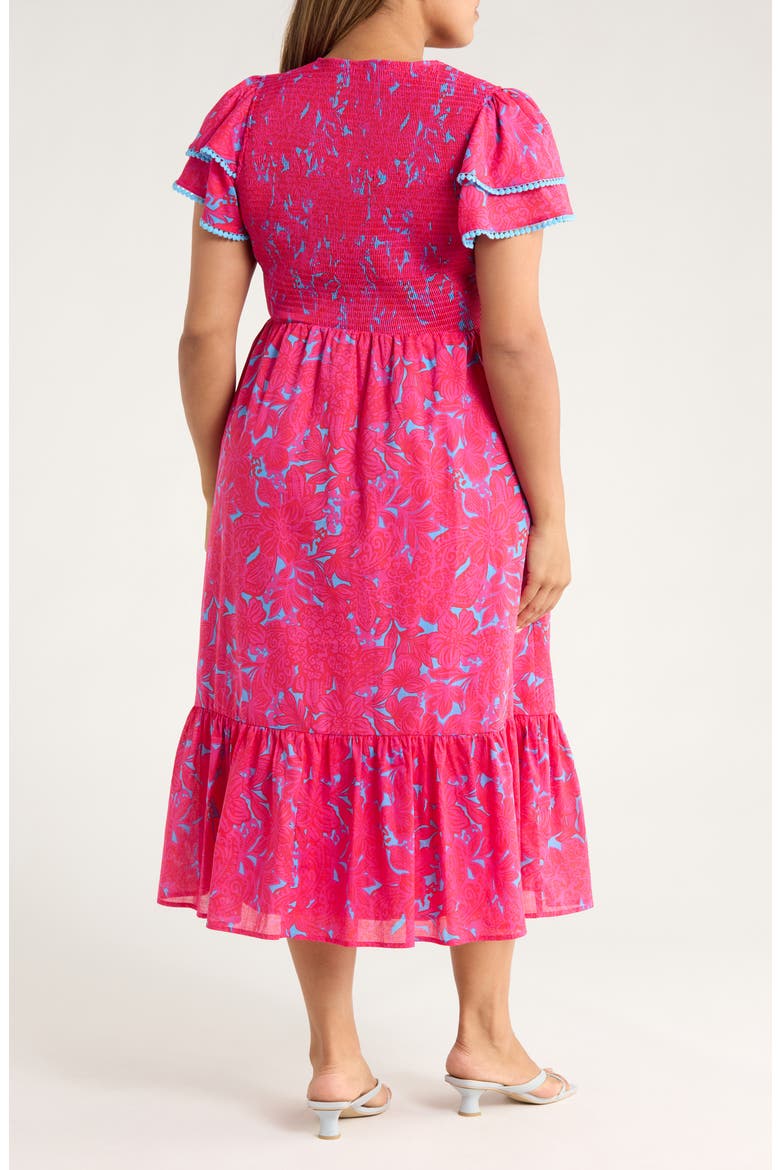 Delina Floral Smock Bodice Cotton Dress, Alternate, color, PINK/ BLUE