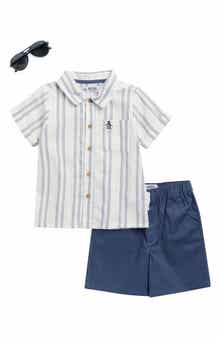 Original Penguin Kids' Short Sleeve Button-Up Camp Shirt, Shorts & Sunglasses Set