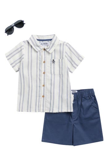 Original Penguin Kids' Short Sleeve Button-up Camp Shirt, Shorts & Sunglasses Set In Gray