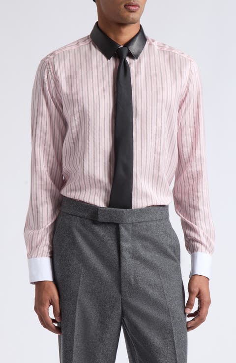 Stripe Silk Button-Up Shirt with Removable Leather Collar