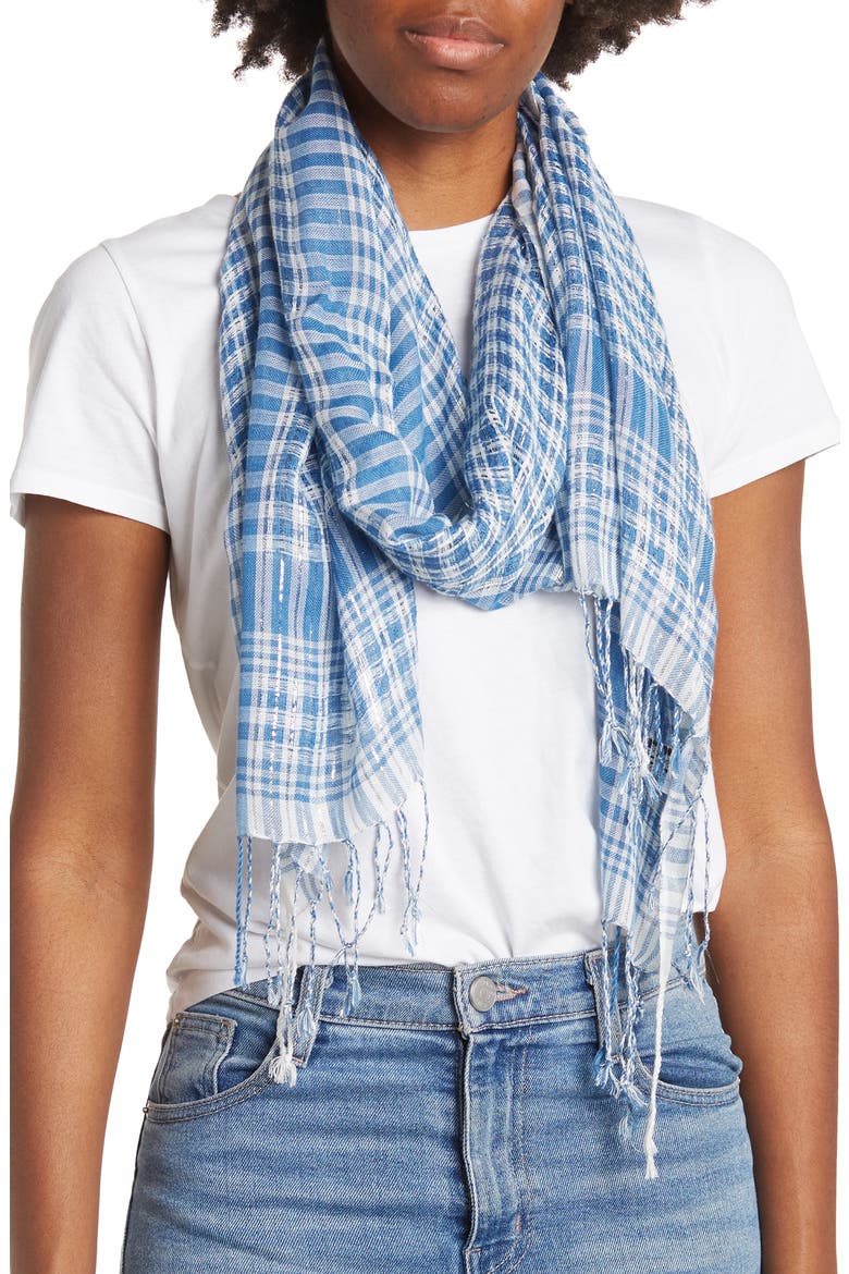 Checkered Twished Fringe Scarf, Main, color, BLUE