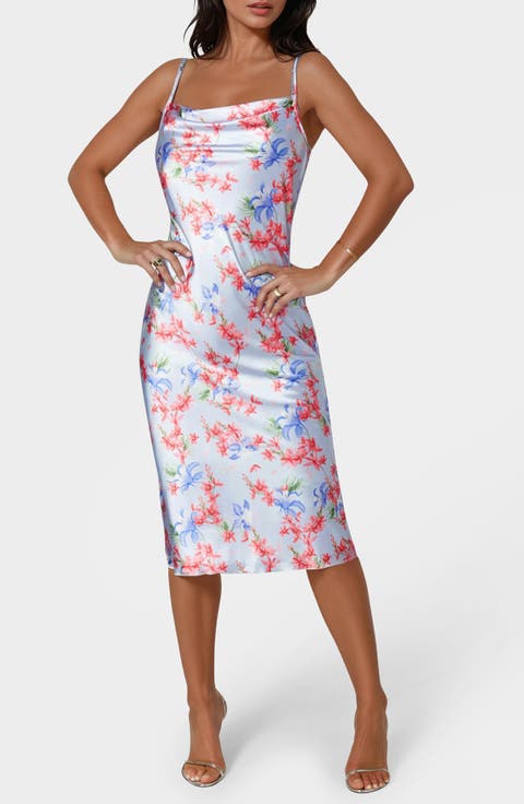 Printed Satin Bias Midi Dress
