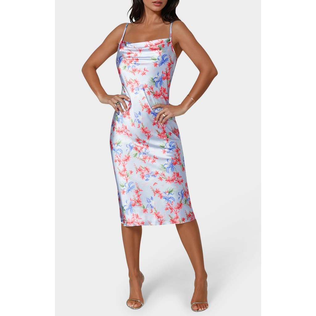 Bebe Printed Satin Bias Midi Dress In Blue/red