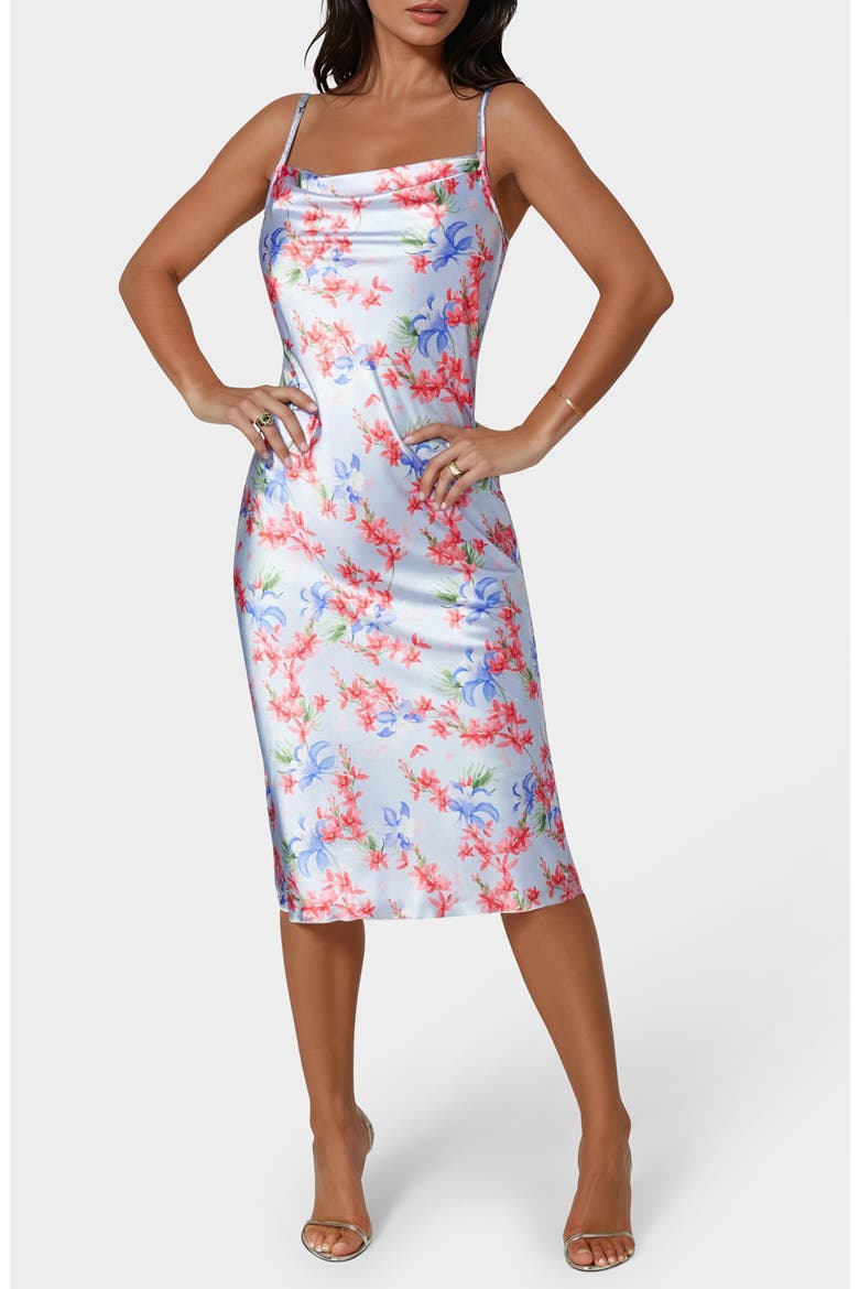 printed satin midi dress Coast Women's Petite Lisa Tan Placement Print Satin Floral Bow Detail Midi Dress in Sage
